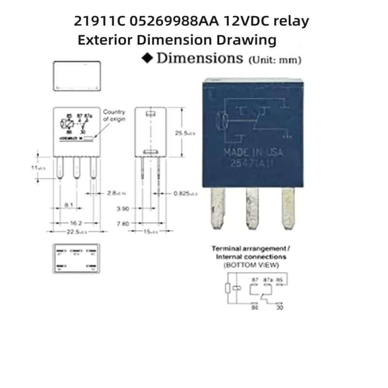 Schéma de dimensions et brochage du relais