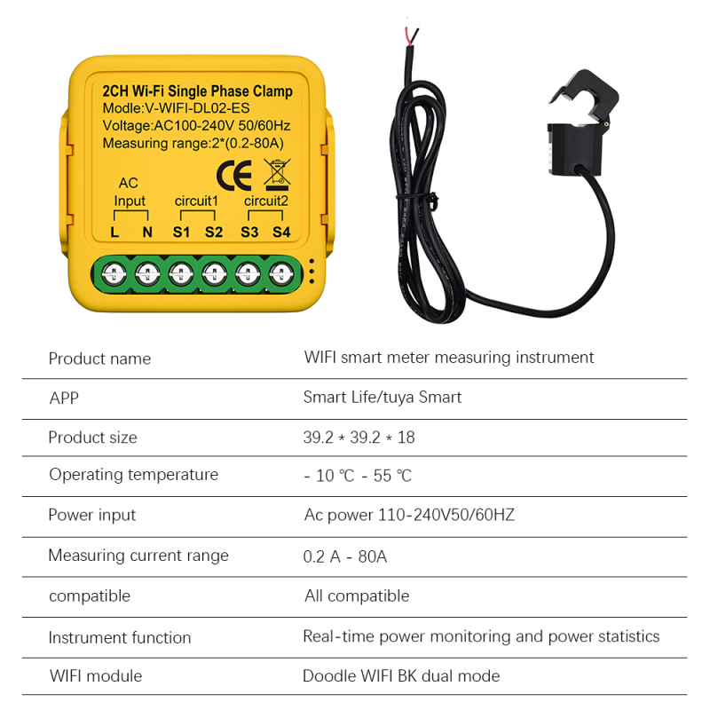 Detalles técnicos: pinza de medición WiFi de 0,2-80 A, 100-240 V, 2,4 GHz