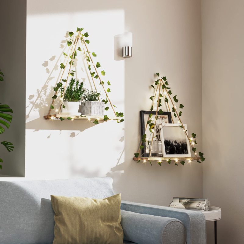 Estantes colgantes de madera Irovami con LED y hiedra artificial - Vista general