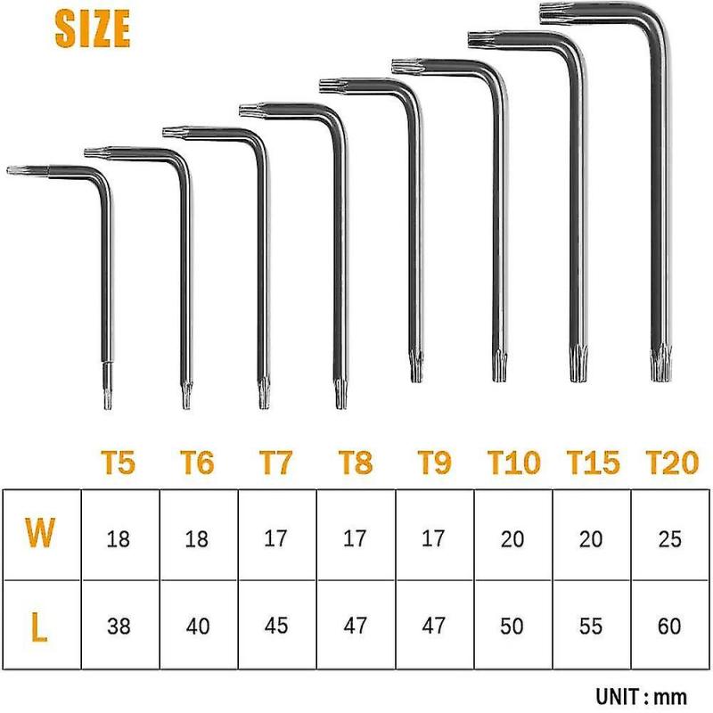 Jeu 8 tournevis Torx T5 T6 T7 T8 T9 T10 T15 T20 - vue d'ensemble