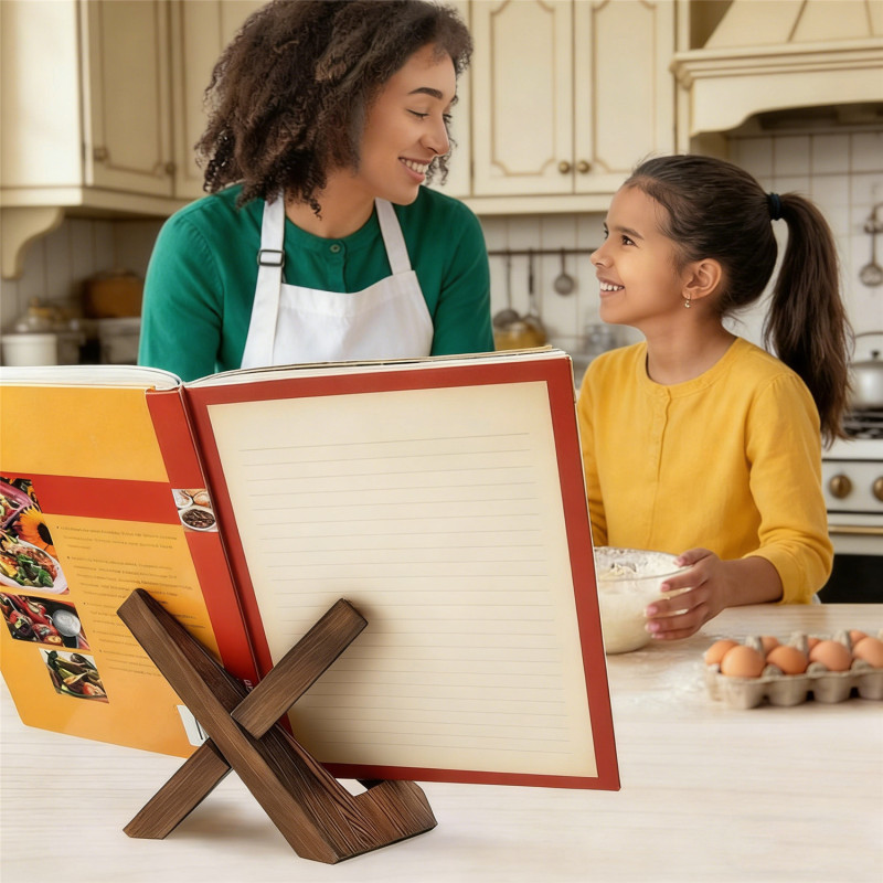Soporte para libros en uso con una Biblia y un libro de cocina
